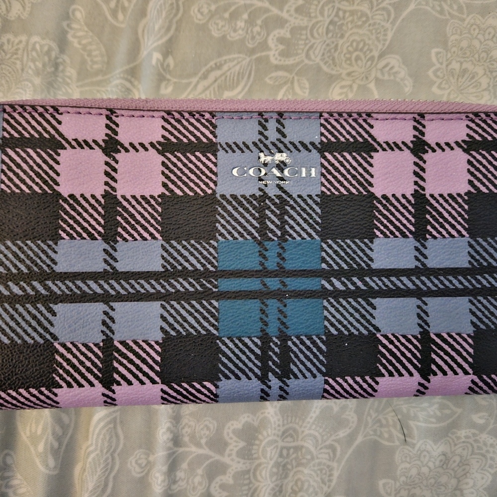 Purple, pink, blue, and black tartan print Coach wallet